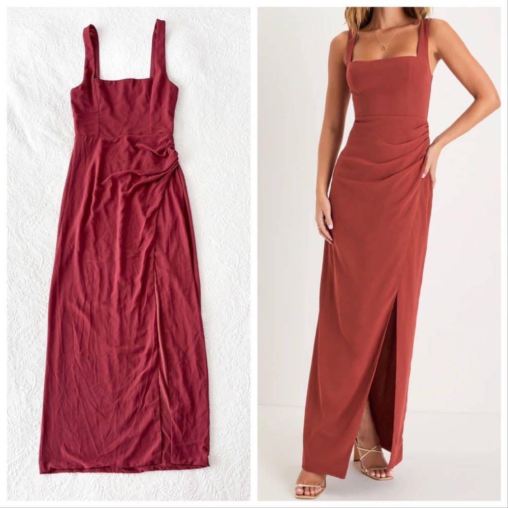 NWT Lulus Glamorous Disposition Rust Ruched Maxi Dress Medium